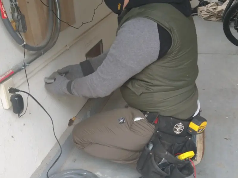 Electrician performing outlet wiring in a Alderwood Manor garage